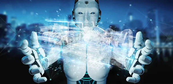 Cyborg Suddig Bakgrund Med Hjälp Wireframe Holografiska Digital Projektion Motor — Stockfoto
