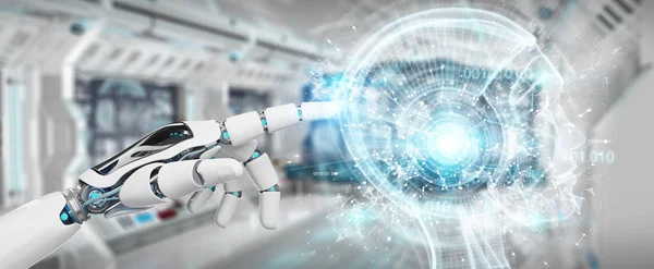 Dłoń Biały Cyborg Rozmytego Tła Tworzeniu Sztucznej Inteligencji Renderowania — Zdjęcie stockowe