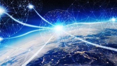 Bağlantıları sistem ve dünya 3d render unsurları Nasa tarafından döşenmiş bu görüntü üzerinde küresel veri alışverişi