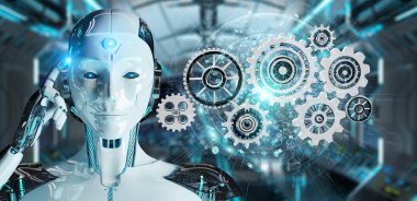 Dijital Gears'ın kullanımı 3d render bulanık arka plan üzerinde beyaz insansı robot