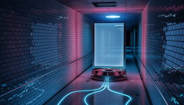 Kirli yeraltı metro istasyonu mockup 3d render mavi ve pembe fütüristik panoda