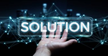 İşadamı çözüm dijital metin 3d rendering kullanarak arka plan bulanık üzerinde