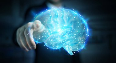 İnsan beyninin 3d render Dijital 3d projeksiyon kullanarak arka plan bulanık üzerinde işadamı