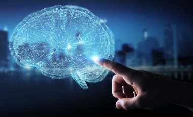 İnsan beyninin 3d render Dijital 3d projeksiyon kullanarak arka plan bulanık üzerinde işadamı