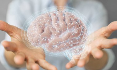 İşkadını Dijital 3d projeksiyon insan beyninin 3B oluşturmayı kullanarak arka plan bulanık üzerinde
