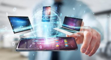 Modern cihazlarla 3d render işadamı elinde birbirine bağlı