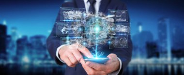 Max, bir motorun tel kafes sanal 3d dijital projeksiyon istimal hareket eden telefon ile işadamı