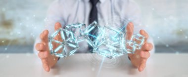Dijital mavi Blockchain 3d render kullanarak arka plan bulanık üzerinde işadamı