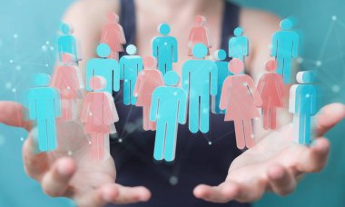 İşkadını 3d rendering grup insan kullanarak arka plan bulanık üzerinde