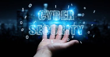 Siber Güvenlik metin hologram 3B oluşturmayı kullanarak arka plan bulanık üzerinde işadamı