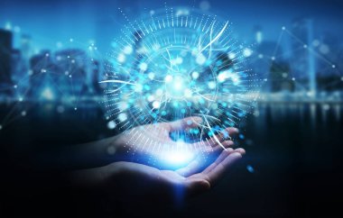 İşkadını dijital göz gözetim hologram 3B oluşturmayı kullanarak arka plan bulanık üzerinde