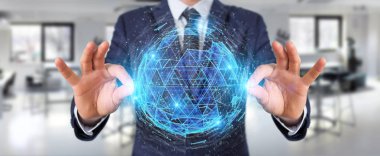 İşadamı dijital üçgen küre hologram 3d render patlayan kullanarak arka plan bulanık üzerinde