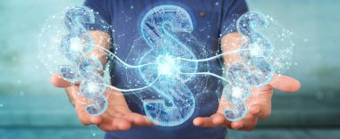 İşadamı 3d işleme dijital paragraf hukuk simgesini kullanarak arka plan bulanık üzerinde