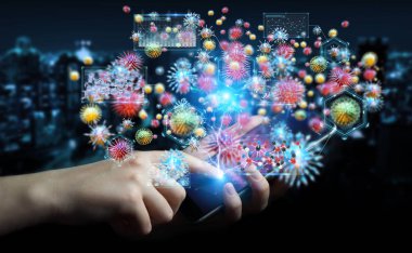 Bakterilerin mikroskobik yakın çekim ile cep telefonu 3d render analiz işadamı