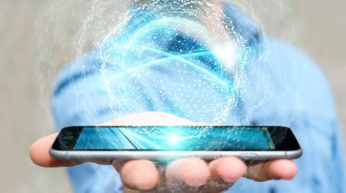 Dijital ağ bağlantısı küre ile cep telefonu 3B oluşturmayı kullanarak arka plan bulanık üzerinde işadamı