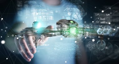 İşadamı modern dron 3B oluşturmayı kullanarak arka plan bulanık üzerinde