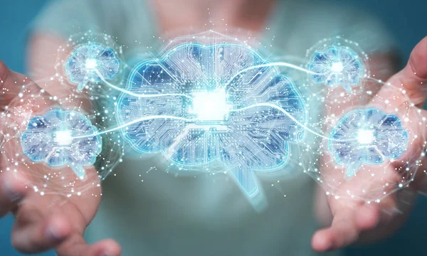 Şkadını Bulanık Arka Planda Yapay Zeka Bir Dijital Beyin Render — Stok fotoğraf