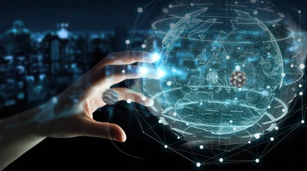 İşadamı üzerinde küre ağ ile dijital bağlantı 3B oluşturmayı kullanarak arka plan bulanık