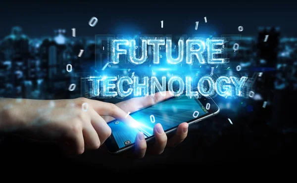 Geleceğin teknolojisi metin arabirimi 3d rendering kullanarak arka plan bulanık üzerinde işadamı