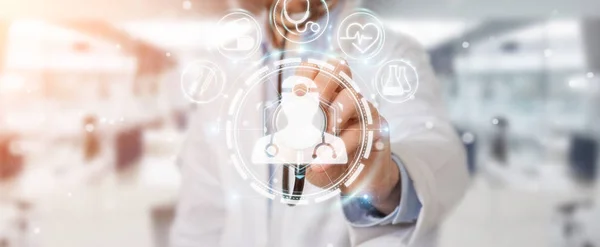 Arzt Auf Verschwommenem Hintergrund Mit Digitaler Medizinischer Futuristischer Schnittstelle Rendering — Stockfoto