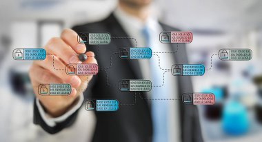 İnce çizgi web güvenlik arabirimi çizim arka plan bulanık üzerinde işadamı