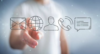 İnce çizgi iletişim simgesini kullanarak arka plan bulanık üzerinde işadamı