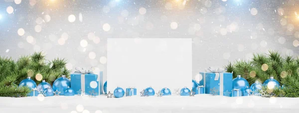 Tarjeta Navidad Blanco Que Pone Bolas Azules Regalo Sobre Fondo —  Fotos de Stock