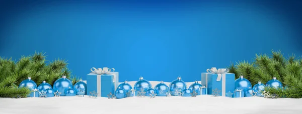 Regalos Adornos Azules Navidad Alineados Representación Fondo Azul —  Fotos de Stock