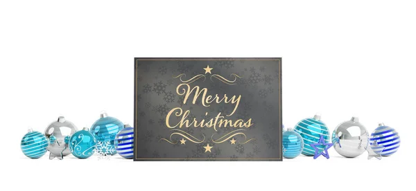 Christmas Card Greetings Laying Blue Baubles Isolated White Background Rendering — Stock Photo, Image