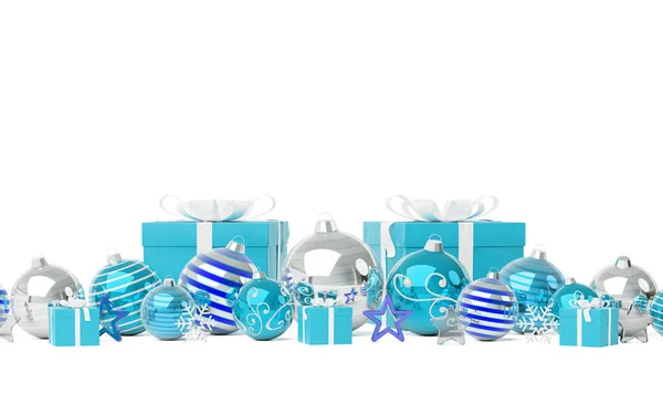 Kék Karácsonyi Ajándékok Elszigetelt Fehér Background Rendering Baubles — Stock Fotó