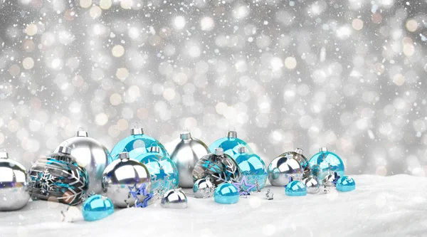Blauwe Zilveren Kerstballen Grijze Achtergrond Rendering — Stockfoto