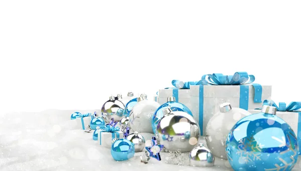 Blue Christmas Gifts Baubles Lined White Background Rendering — Stock Photo, Image