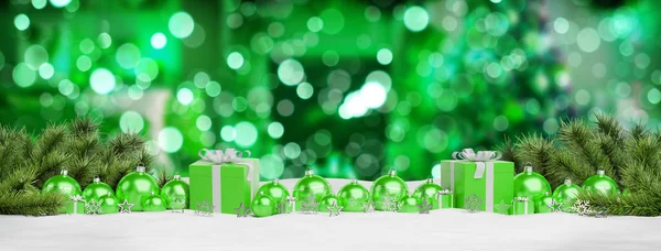 Regalos Navidad Verdes Adornos Alineados Sobre Fondo Verde Renderizado —  Fotos de Stock