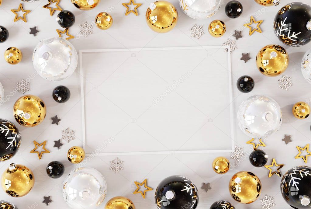 Christmas card mockup on white wood with golden baubles 3D rendering