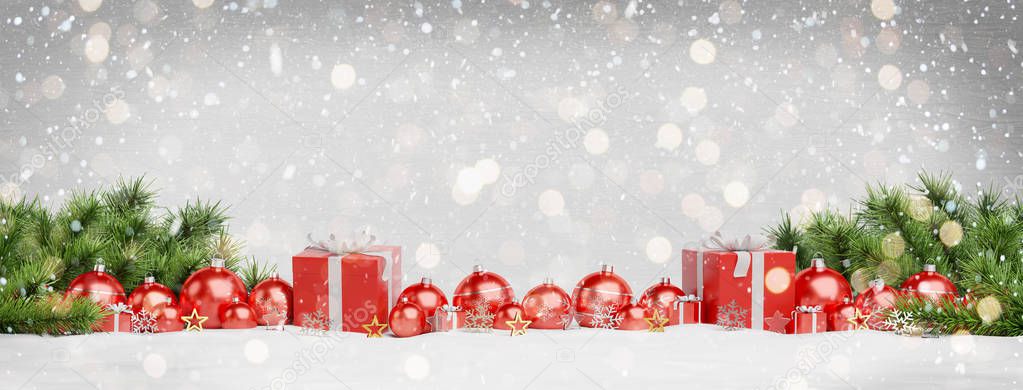 Red christmas baubles and gifts lined up on grey snowy background 3D rendering