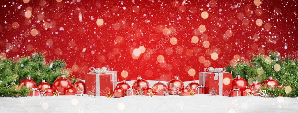 Red christmas baubles and gifts lined up on red background 3D rendering