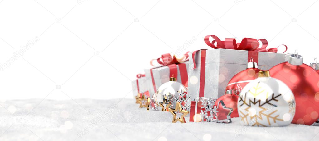 Red christmas gifts and baubles lined up on white background 3D rendering