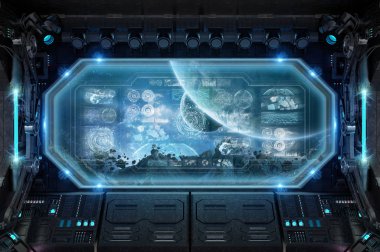 Denetim Masası Dijital ekranlar 3d render ile uzayda karanlık uzay gemisi iç