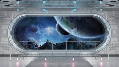 Beyaz teknik uzay gemisi yuvarlak pencere iç uzak sistem 3d işleme öğeleri Nasa tarafından döşenmiş bu görüntünün üzerinde manzaralı