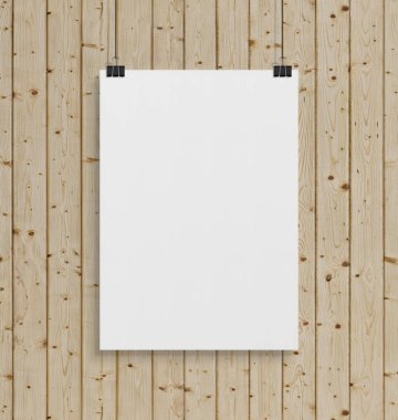 Ahşap duvar klipleri mockup önünde asılı boş beyaz poster
