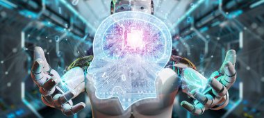 Cyborg bulanık arka planda yapay zeka 3d render oluşturma