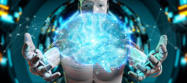 Yapay zeka 3d render oluşturma bulanık arka plan üzerinde beyaz adam insanımsı