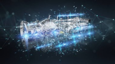 Max, bir motorun mavi zemin üzerine tel kafes sanal 3d dijital projeksiyon