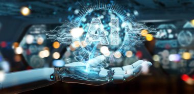 Beyaz insansı el dijital yapay zeka simgesi hologram 3B oluşturmayı kullanarak arka plan bulanık üzerinde