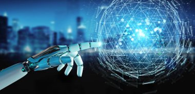 Beyaz robot el dijital üçgen küre hologram 3d render patlayan kullanarak arka plan bulanık üzerinde