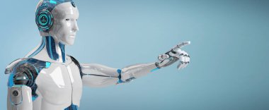 3d render mavi arka plan üzerinde izole onun parmak işaret beyaz erkek cyborg