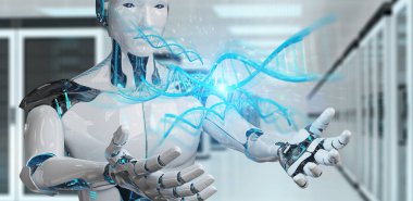 İnsan DNA'sı 3d render tarama bulanık arka plan üzerinde beyaz erkek cyborg