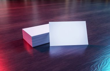 Ahşap Resepsiyon 3d render üzerinde beyaz kartvizit yığını yan görünüm