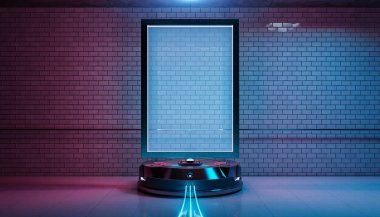 Kirli yeraltı metro istasyonu mockup 3d render mavi ve pembe fütüristik panoda