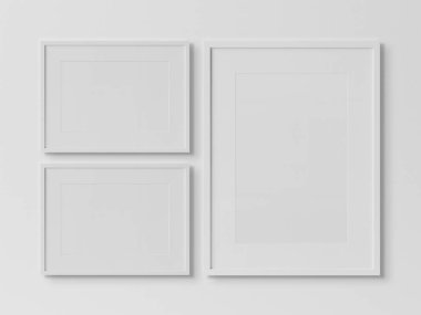 Beyaz bir dokulu duvar mockup 3d render üzerinde asılı beyaz dikdörtgen çerçeve